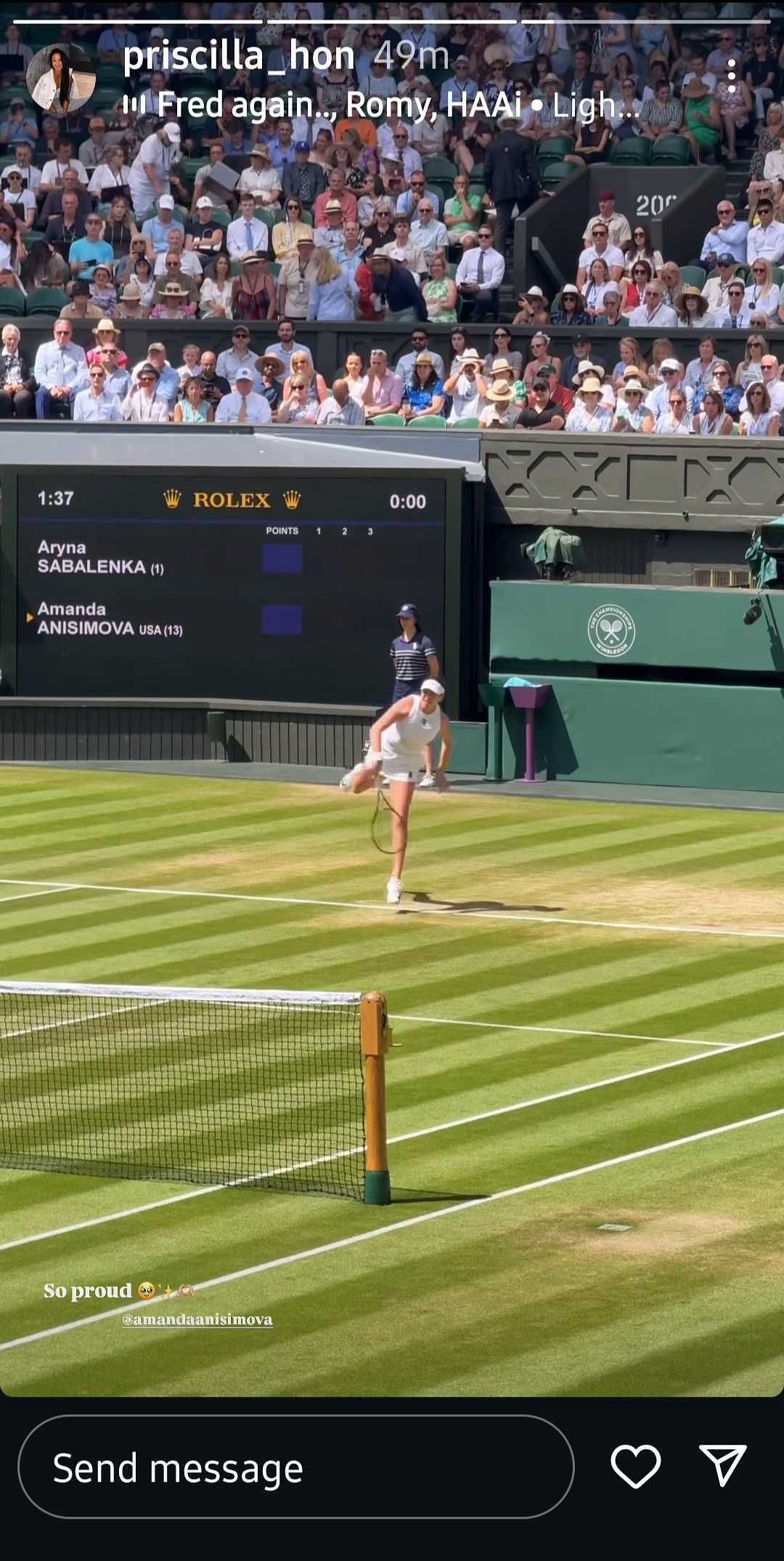 Priscilla Hon's Instagram Story celebrating Anisimova's victory (Source: Instagram/priscilla_hon)